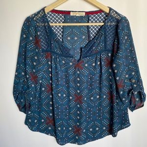 Tribal Print/Boho | Navy Blue 3/4 sleeve Blouse